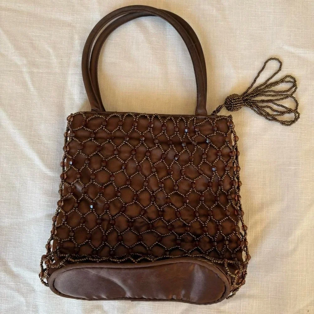 Dark Brown Satin Beaded Mini Bag Purse - Picture 2 of 5